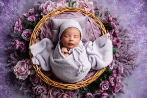 Newborn baby sleeping peacefully in a wicker basket surrounded by purple flowers, wrapped in a soft lavender knit blanket and hat.
