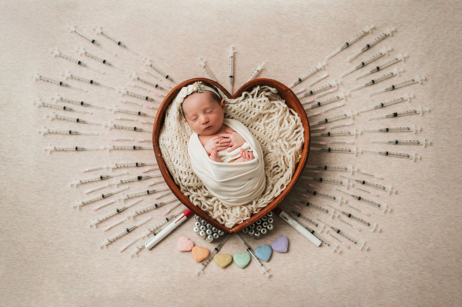 A baby wrapped in white laying in a heart-shaped bowl surrounded by IVF needles and medications
