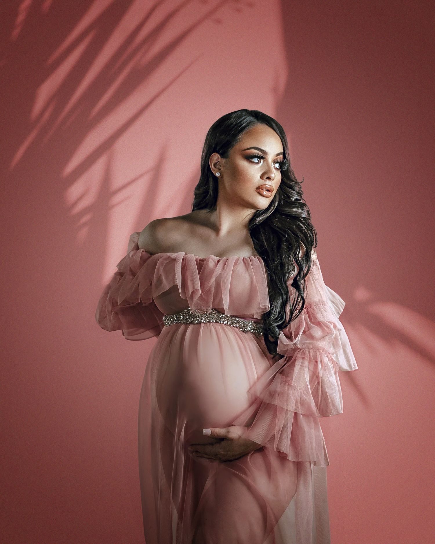 An expectant mother in a flowing pink sheer dress poses against a pink backdrop with dramatic palm shadows cast behind her.