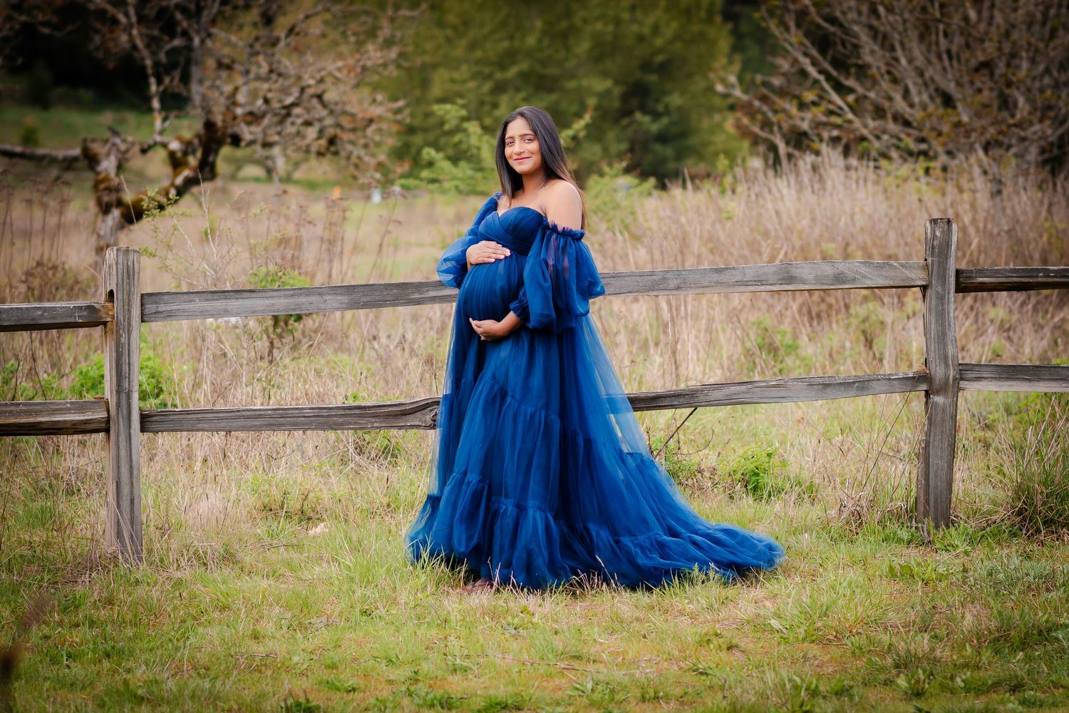 A person wearing a flowing blue dress stands in a rustic setting with wooden fences and tall grass at sunset.
