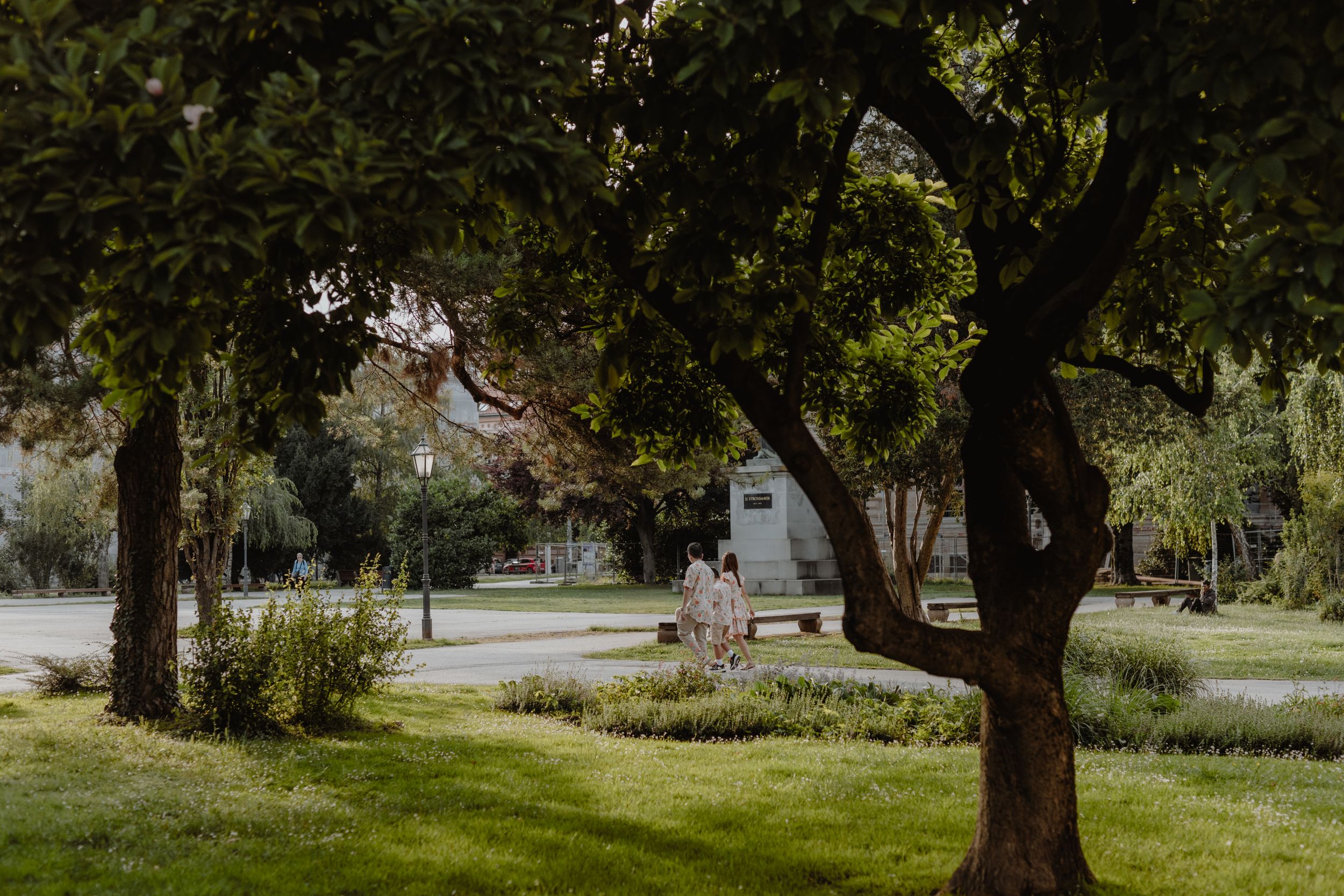 Scenic park view with large trees framing a pathway and gardens.