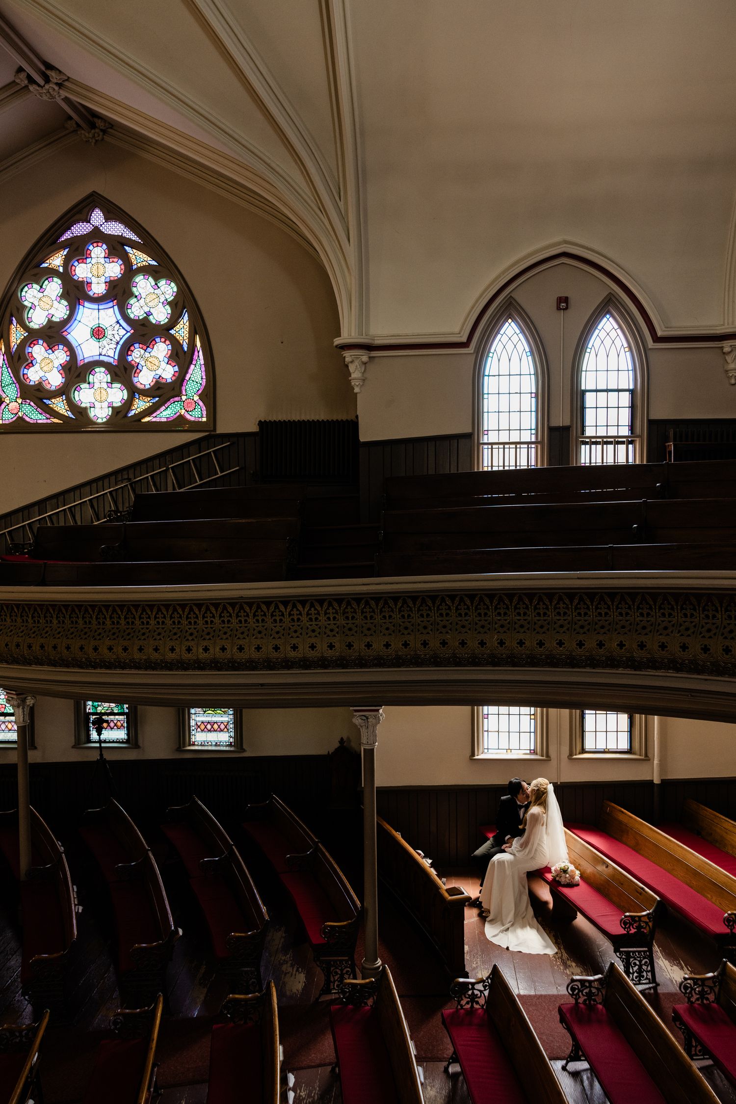 creative composition of bride and groom portrait at the Richmond Hill United Church.