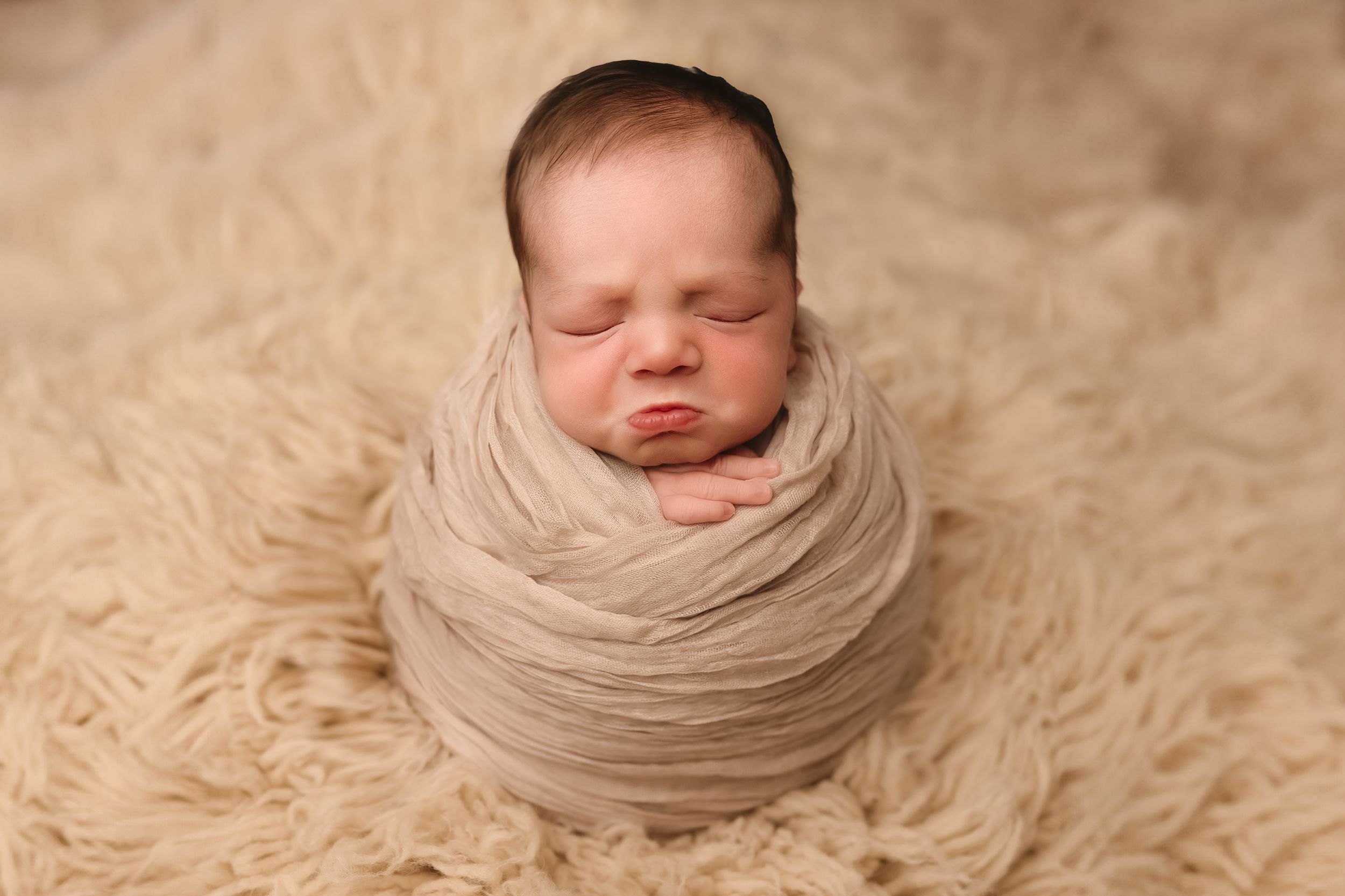 Charlottesville newborn photographer, maternity, baby, family, grumpy wrapped newborn on beige fur rug