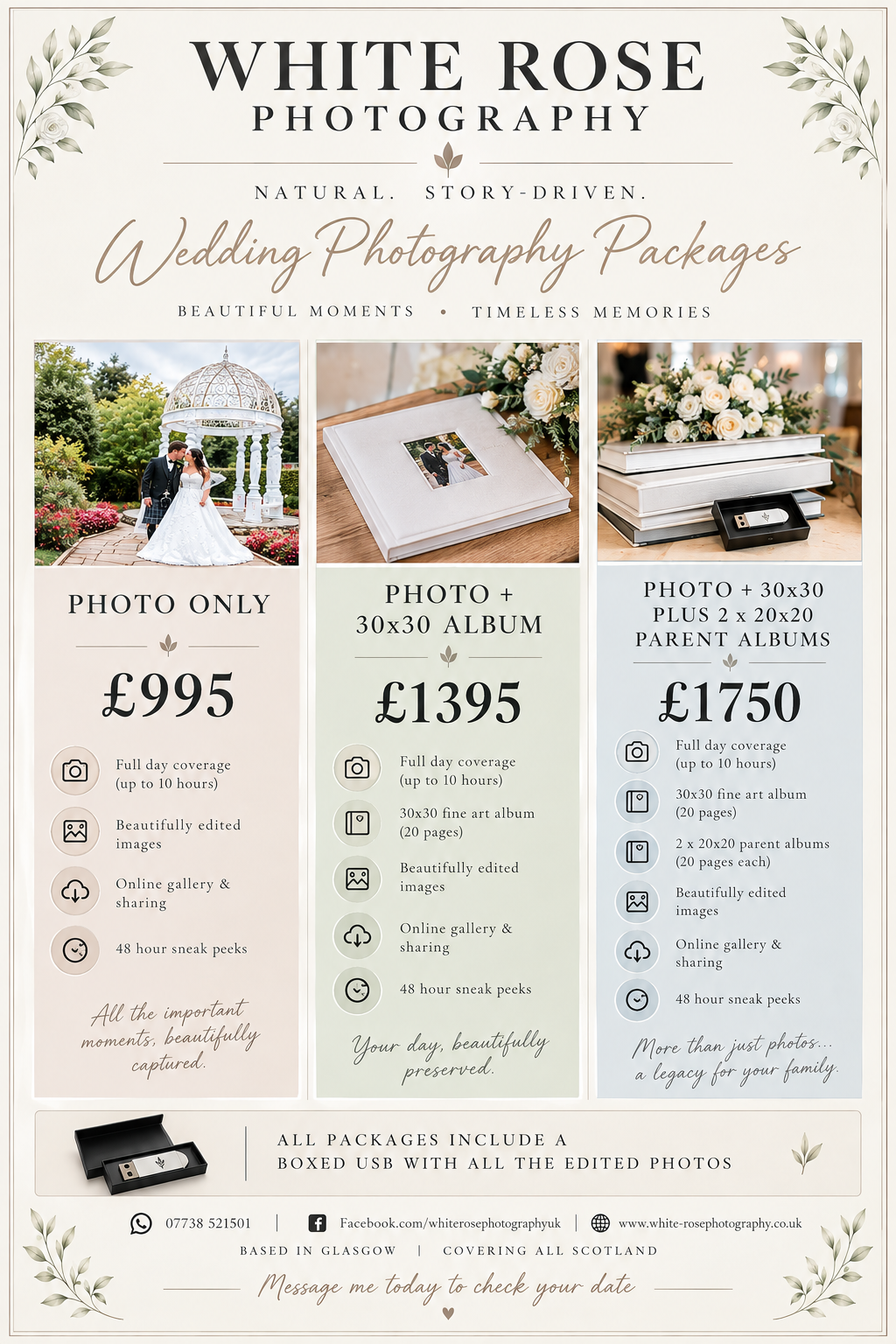 White Rose Photography wedding packages flyer showing three pricing tiers from £995 to £1750 with album options.