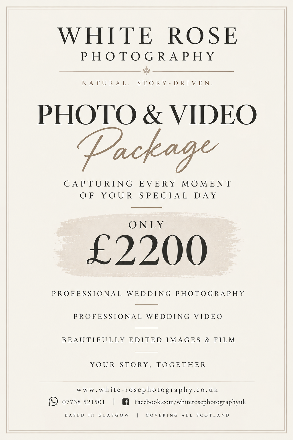 White Rose Photography wedding photo and video package advertisement offering professional coverage across Scotland for £2200.