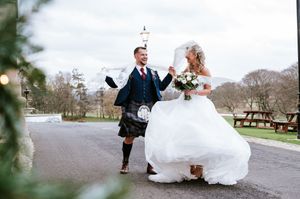A couple shares romantic moments in their wedding attire across various outdoor settings on their special day.
