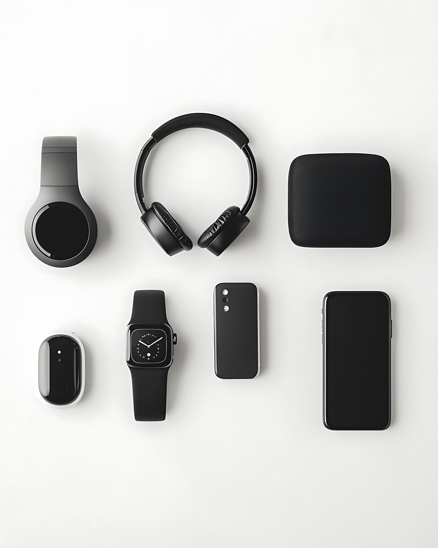 Flat lay of black tech accessories including headphones, smartwatch, phone and speakers.
