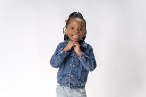 Series of playful poses in denim jacket against white background.