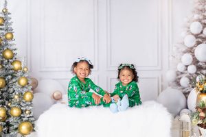 Holiday photo series with children in matching green sweaters near Christmas decorations.