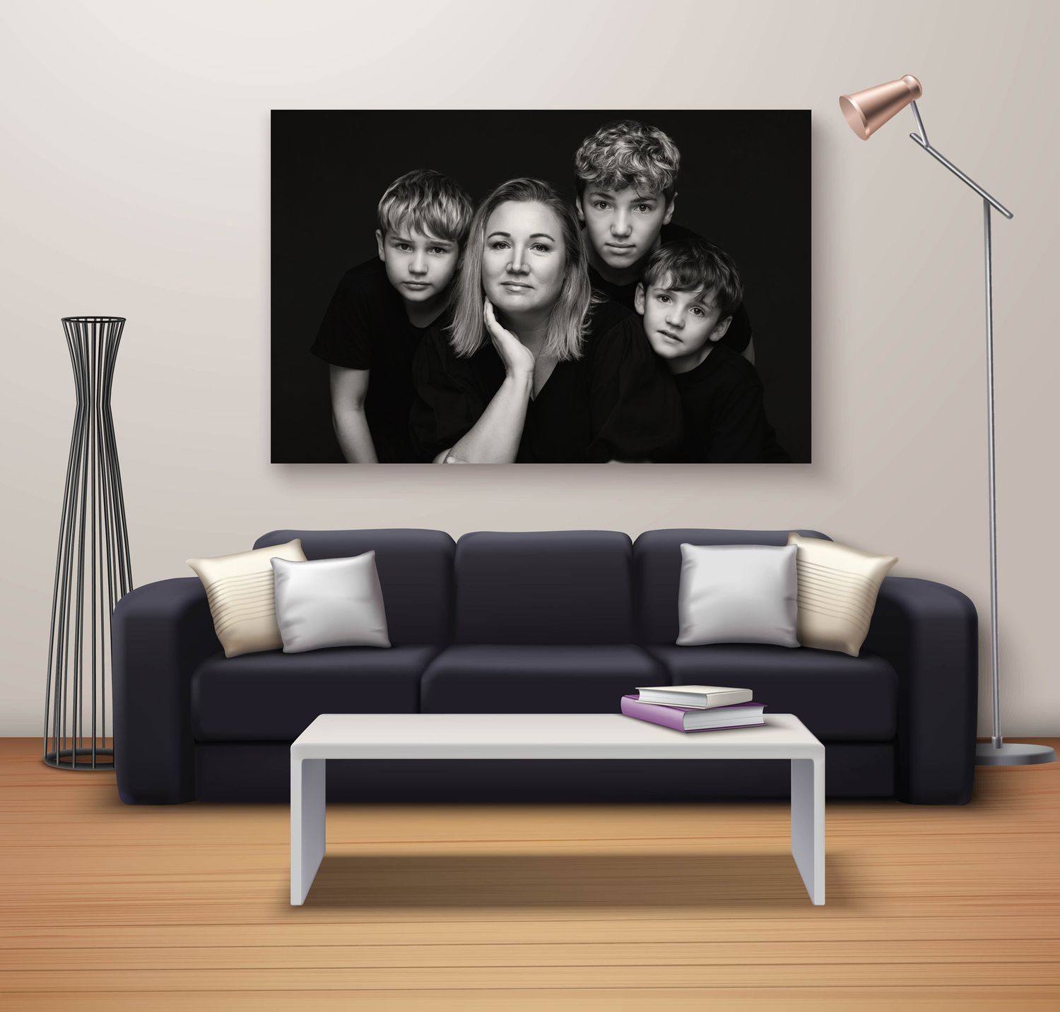 Black and white canvas of a  family, hanging in the lounge room
