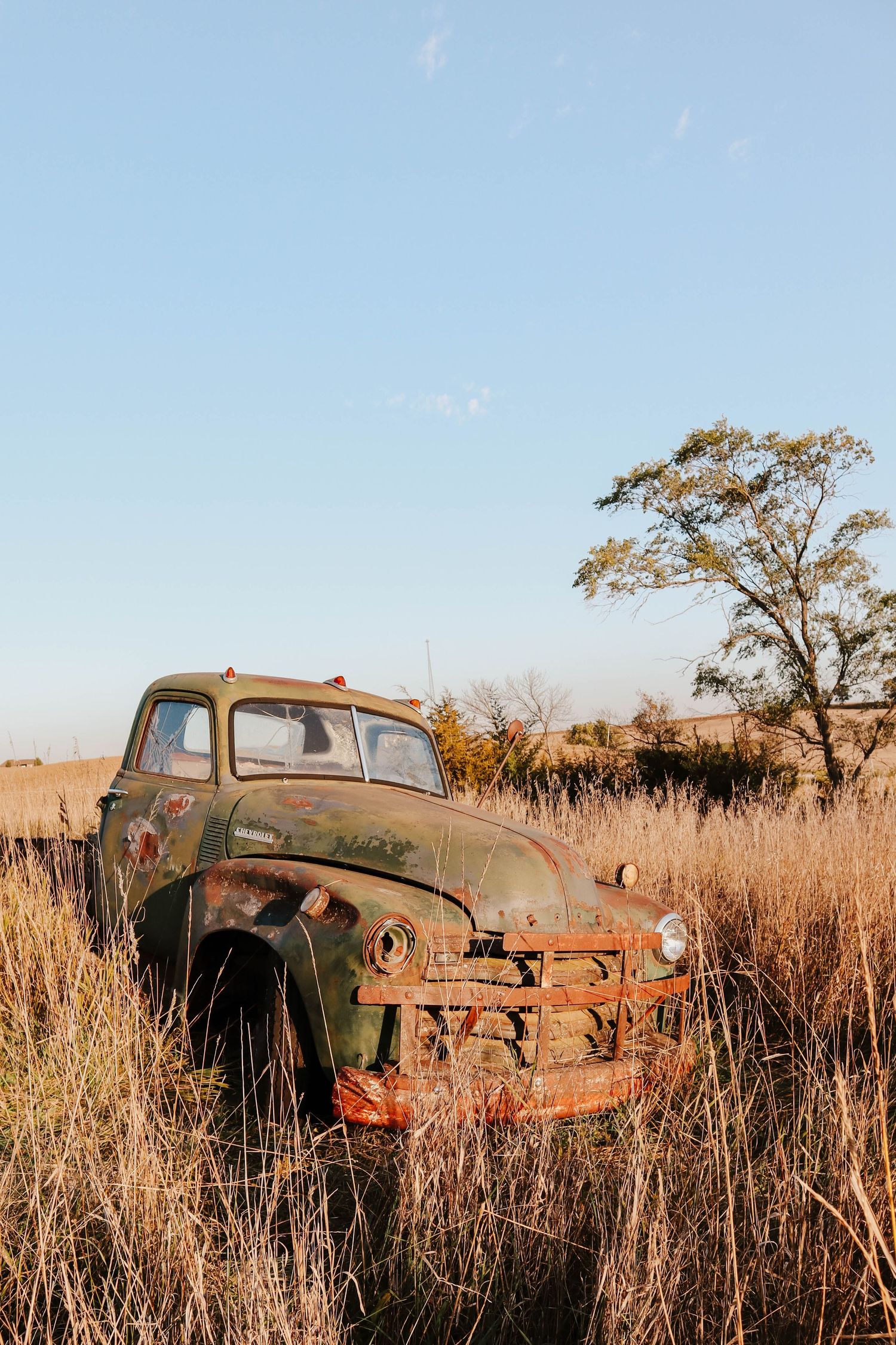 An abandoned vintage Chevrolet truck sits in tall grass against a golden sunset landscape.