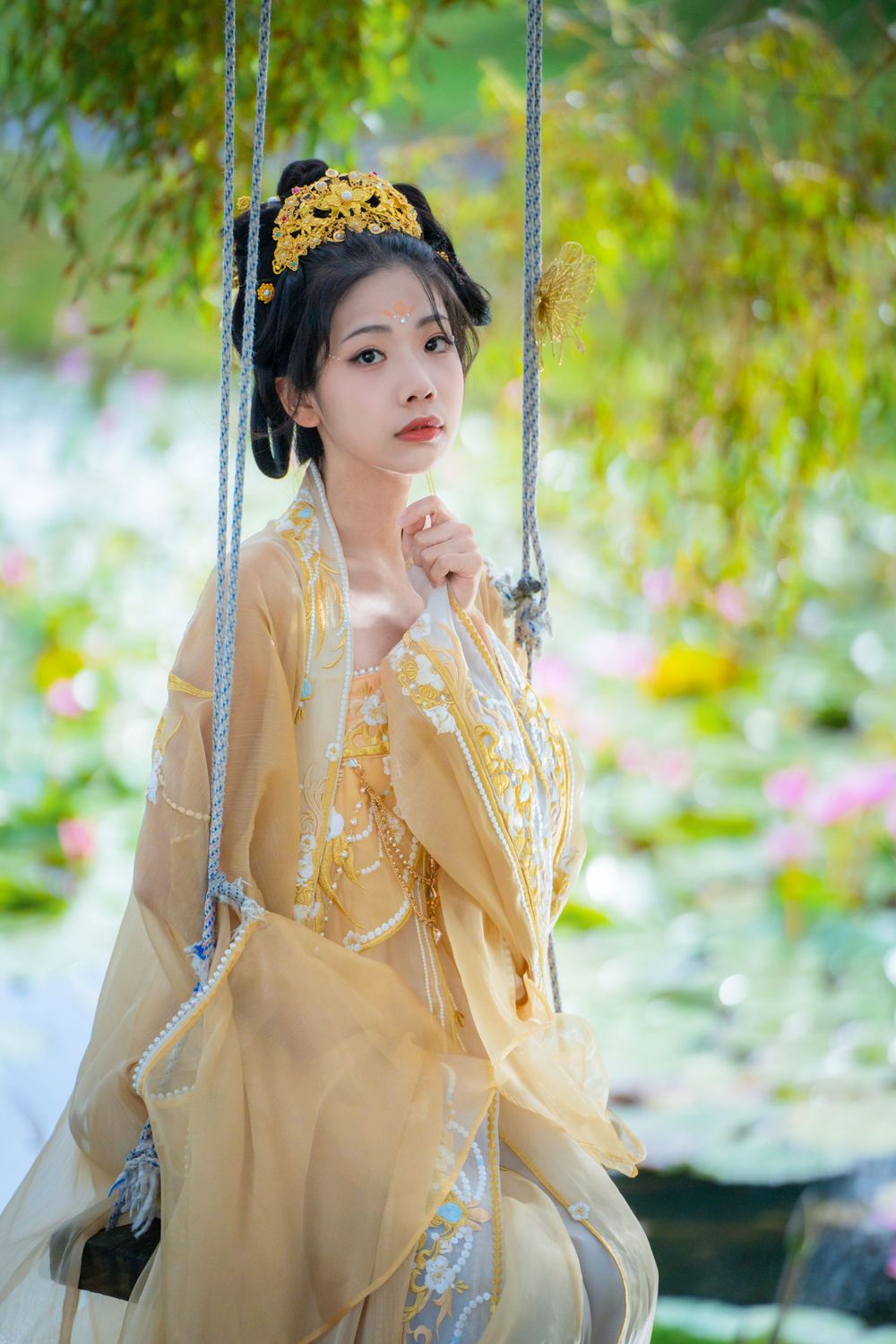 Elegant golden Hanfu portrait by a tranquil water lily lake inspired by Monet's Garden in North Shore, by Imagine Image Studio.