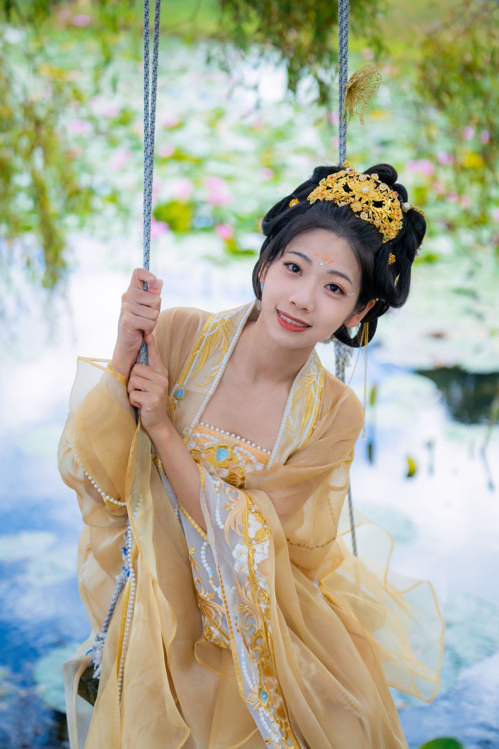 Elegant golden Hanfu portrait by a tranquil water lily lake inspired by Monet's Garden in North Shore, by Imagine Image Studio.