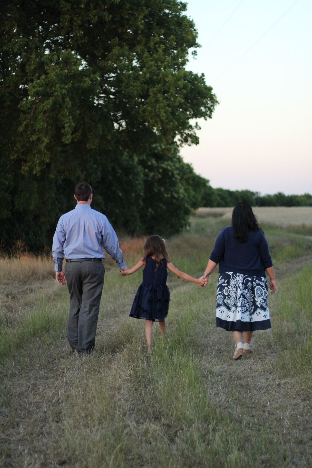 Family of three holding hands walking through a grassy field at dusk toward large trees.