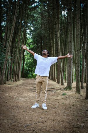 A person with outstretched arms stands on a dirt path through a pine forest.