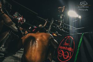 Professional wrestling event with crowd and spotlights in dark arena setting.