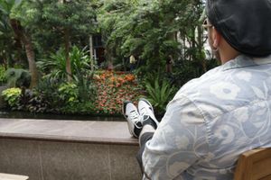 Person sitting on concrete ledge with sneakers in an outdoor garden area.
