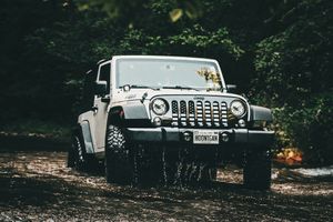 White Jeep Wrangler parked on rugged terrain in a forest setting.