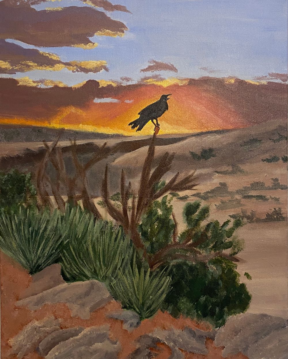 painting of a bird in the desert