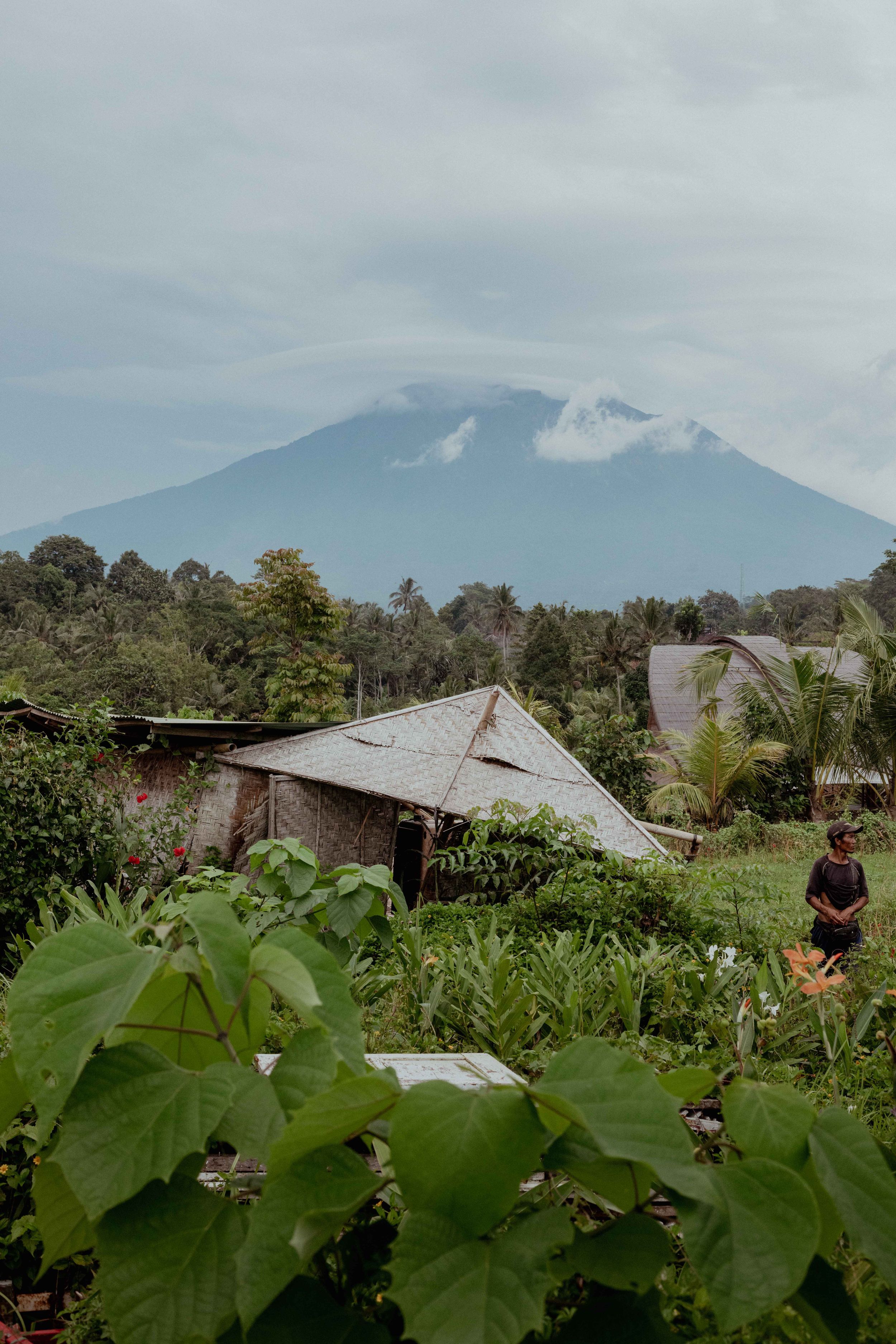 Misty mountain peak rises above a rural village with traditional houses and lush tropical vegetation.