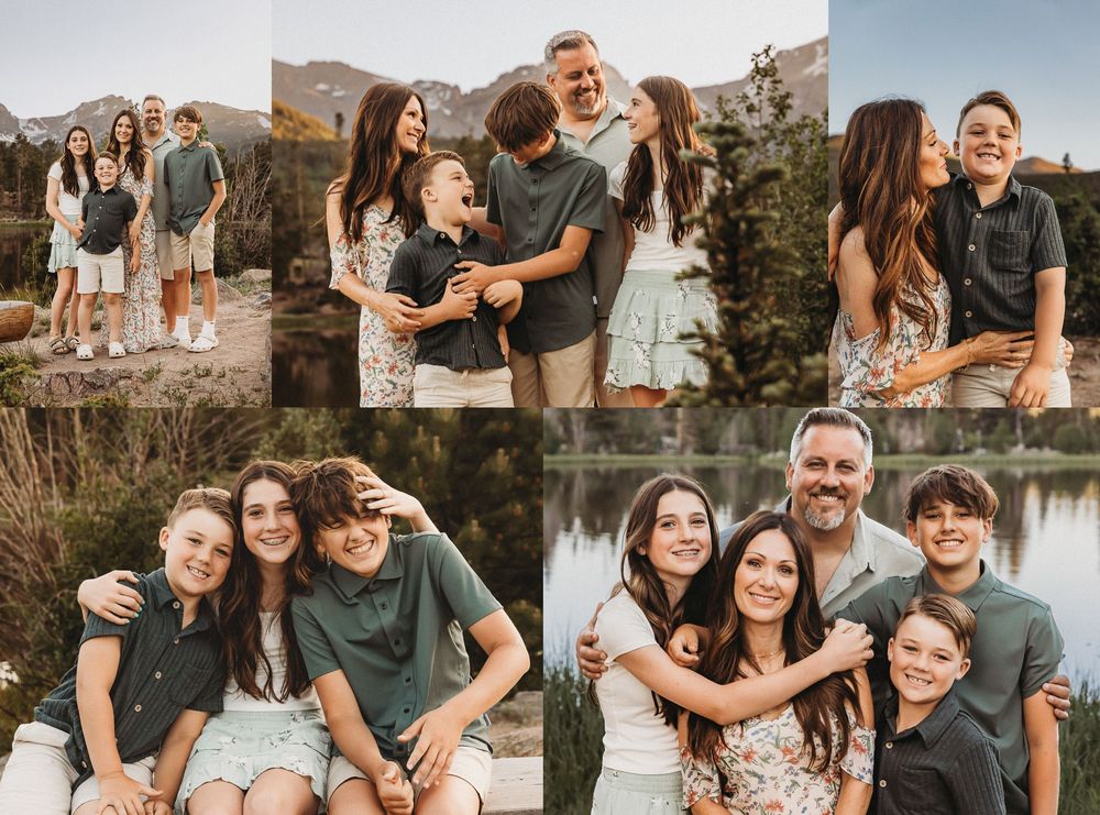 A family portrait collage showing loving moments outdoors by a lake during golden hour.
