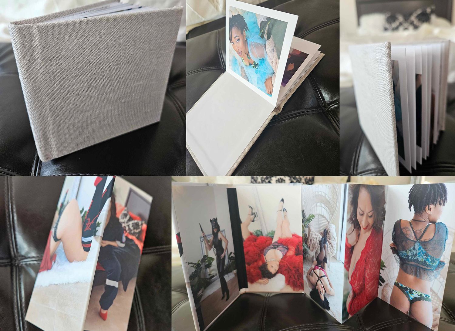 Multiple photo album views showing folded accordion style book with gray linen cover and colorful photos inside.