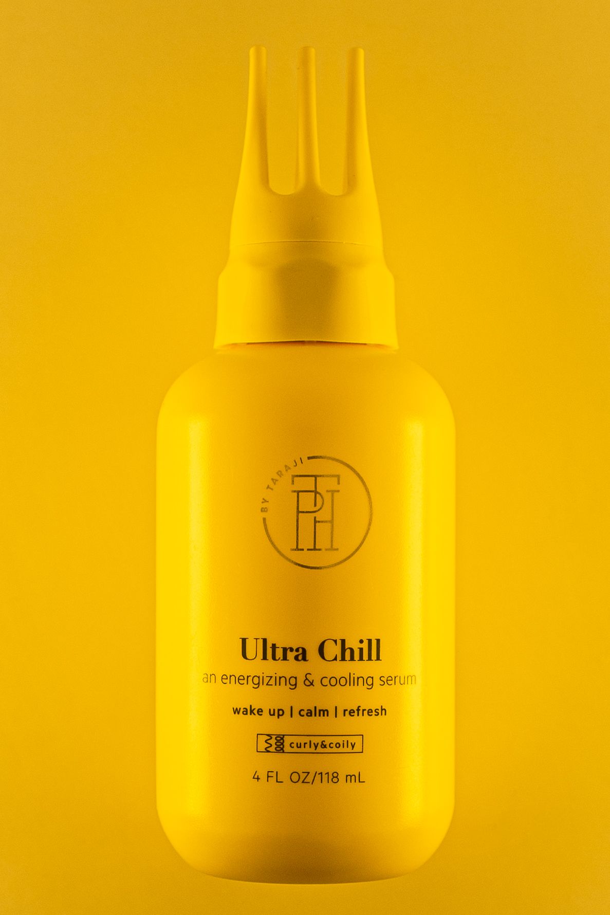Yellow Ultra Chill hair product bottle with triple-prong applicator against vibrant yellow background.