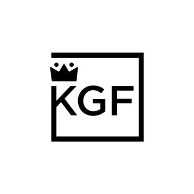 Minimalist black square logo with KGF text and crown symbol.