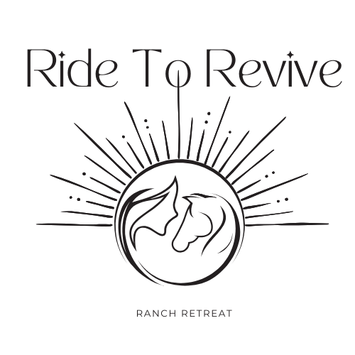 Minimalist ranch retreat logo with horse design and radiating sun lines.