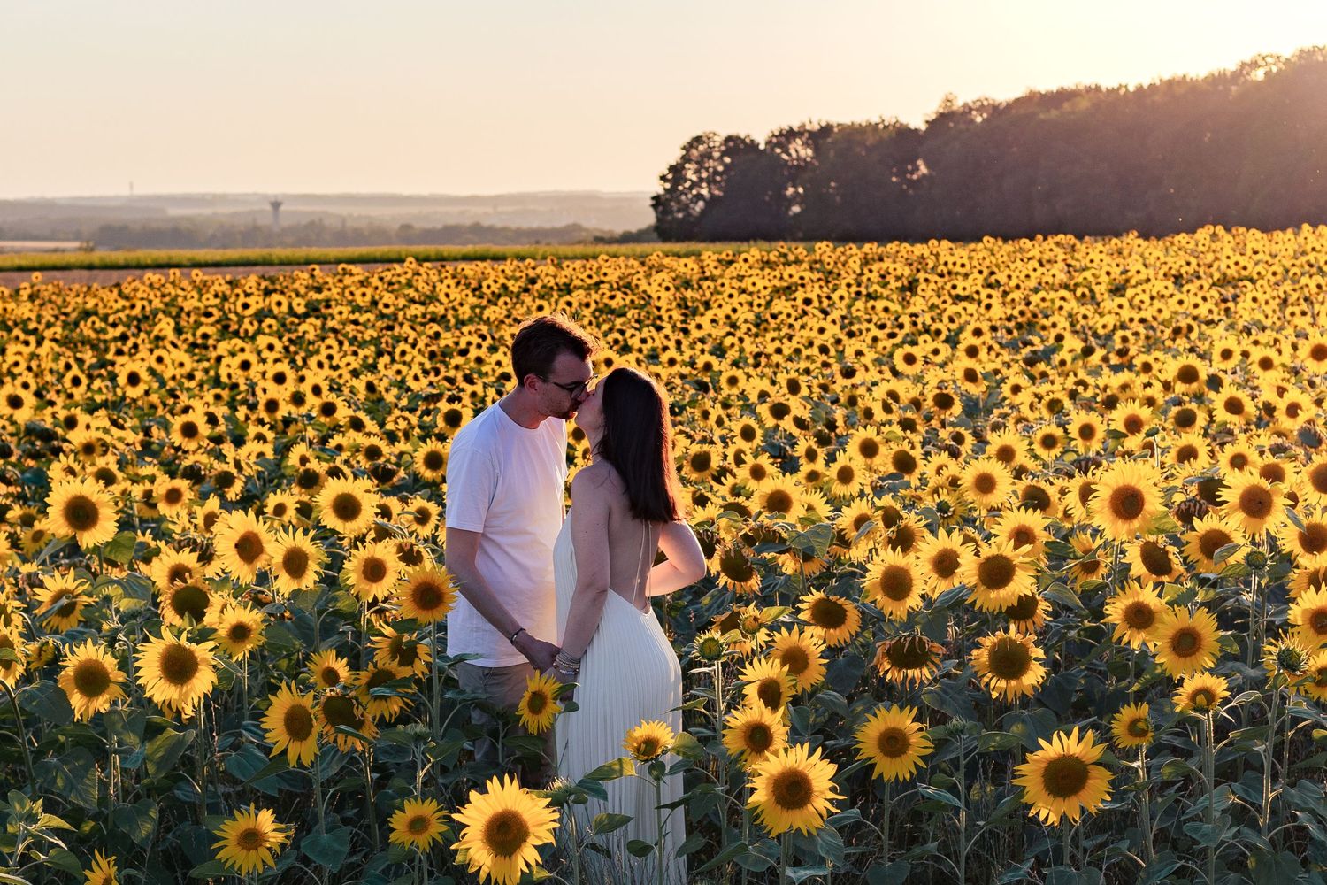 photo de couple dans les champs de tournesols golden hour yvelines 78