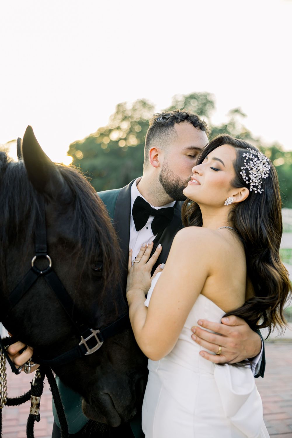 Romantic wedding moment with black horse joining the couple's portrait.