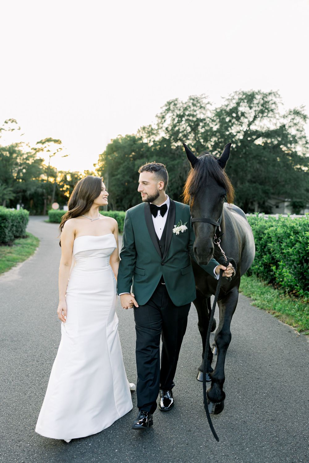 Newlyweds walk with their black horse on a tree-lined path at sunset.