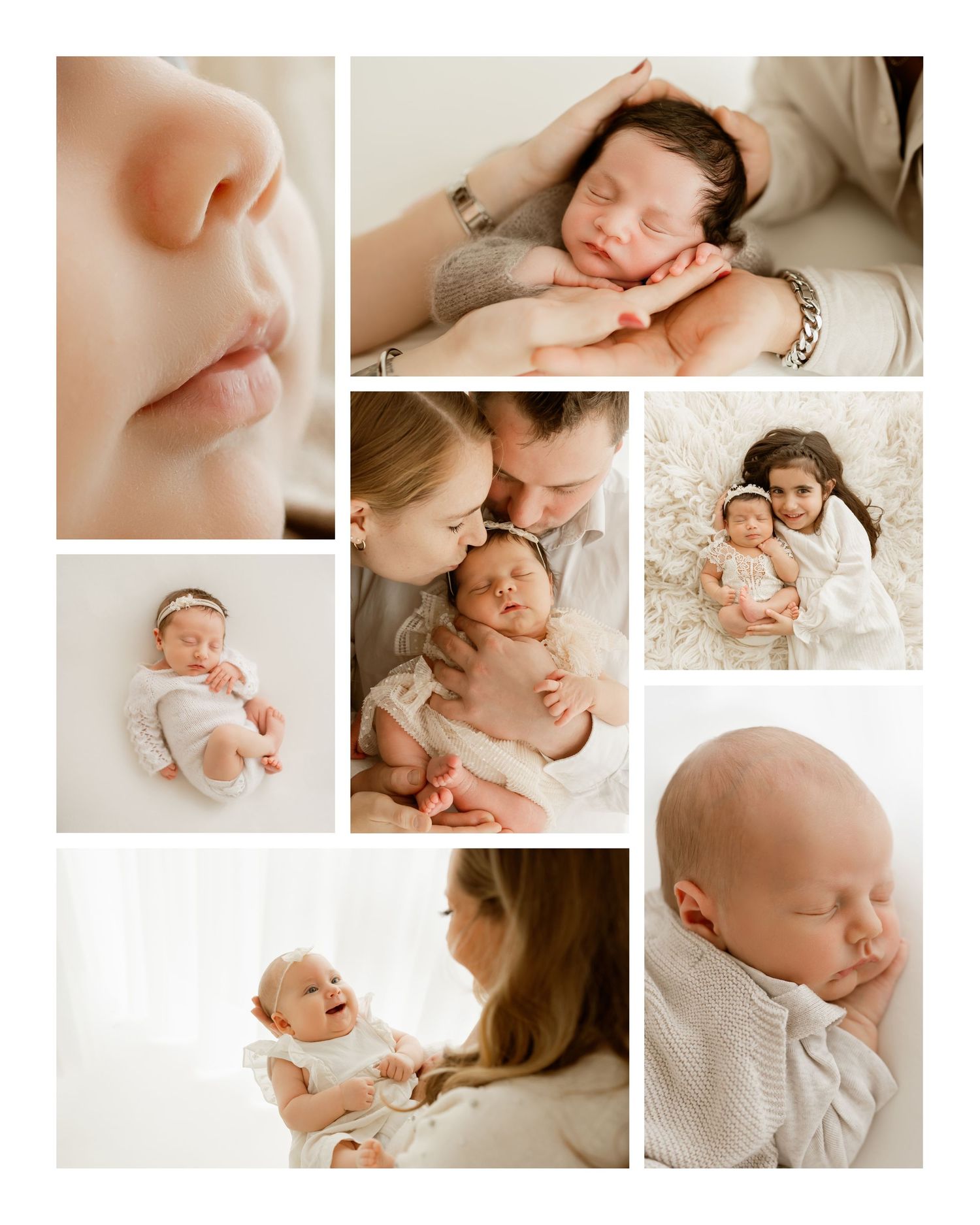 Collage of newborn family photos in white and cream tones.