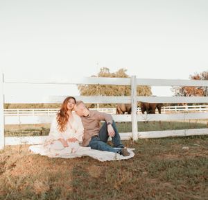 Romantic photo sequence shows couple relaxing by white fence in rural setting.