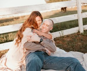 Series of natural poses during romantic countryside photo session at golden hour.