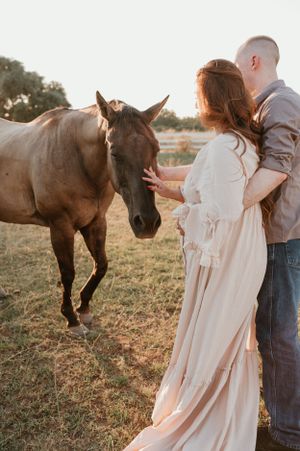 A couple interacts with brown horses in a sunlit field.