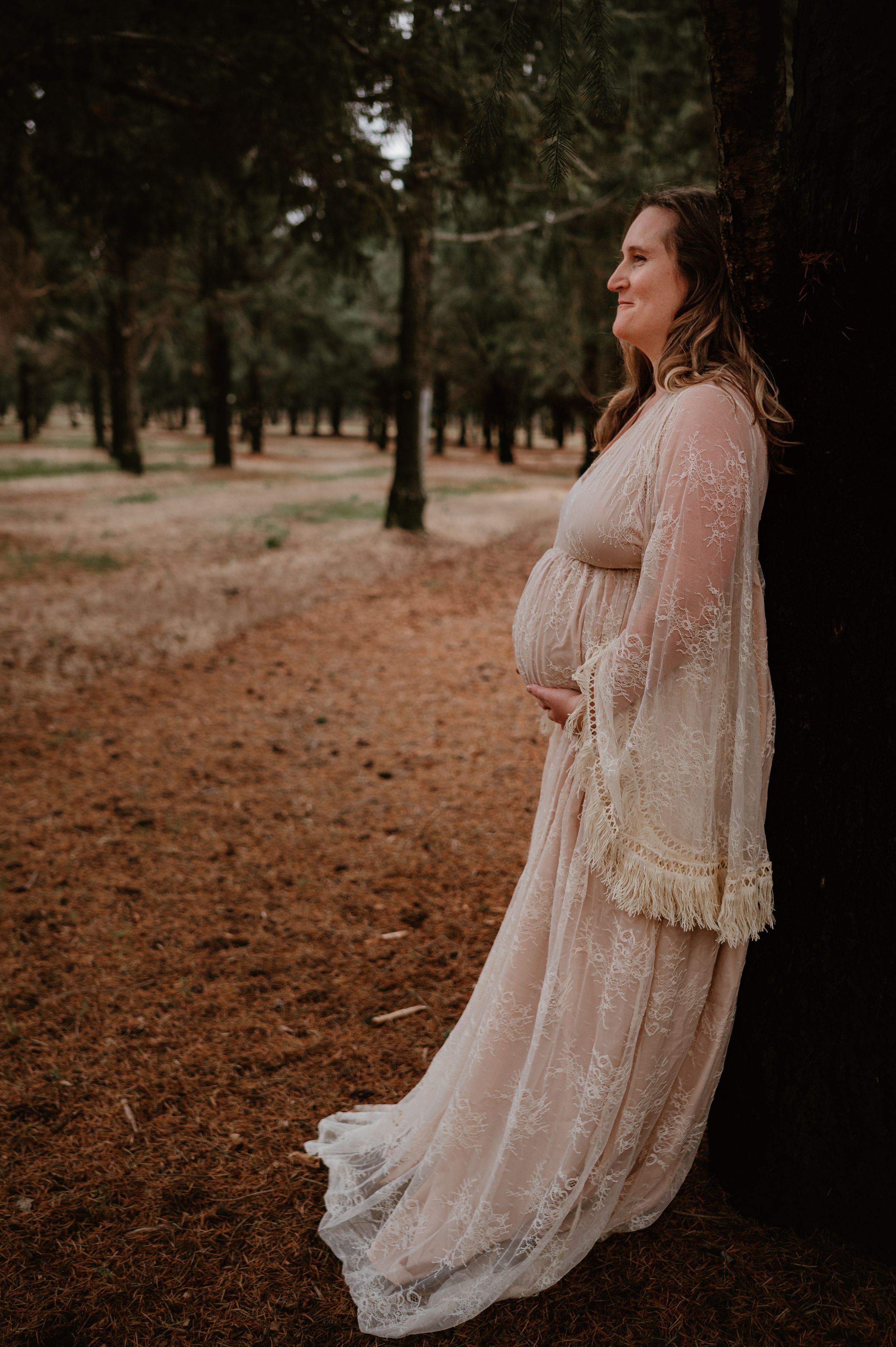 Enchanting outdoor portrait featuring a delicate lace maternity gown among pine trees.