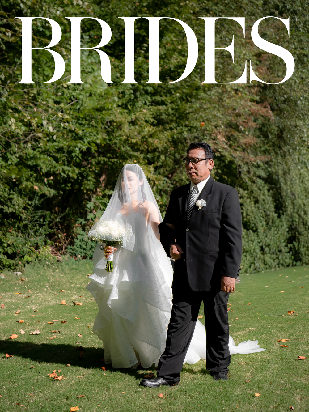 A couple in wedding attire poses on a sunny lawn with text overlay reading 'BRIDES'.