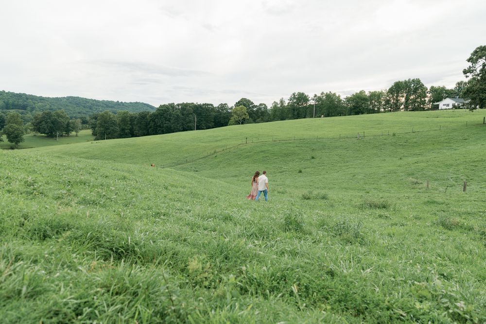 A distant view of people walking through rolling green hills and pastures.