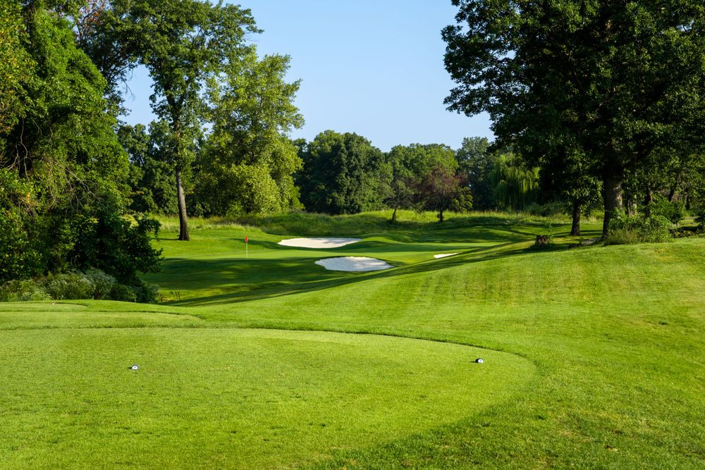 Beautiful golf hole featuring manicured fairway and sand bunker surrounded by trees.