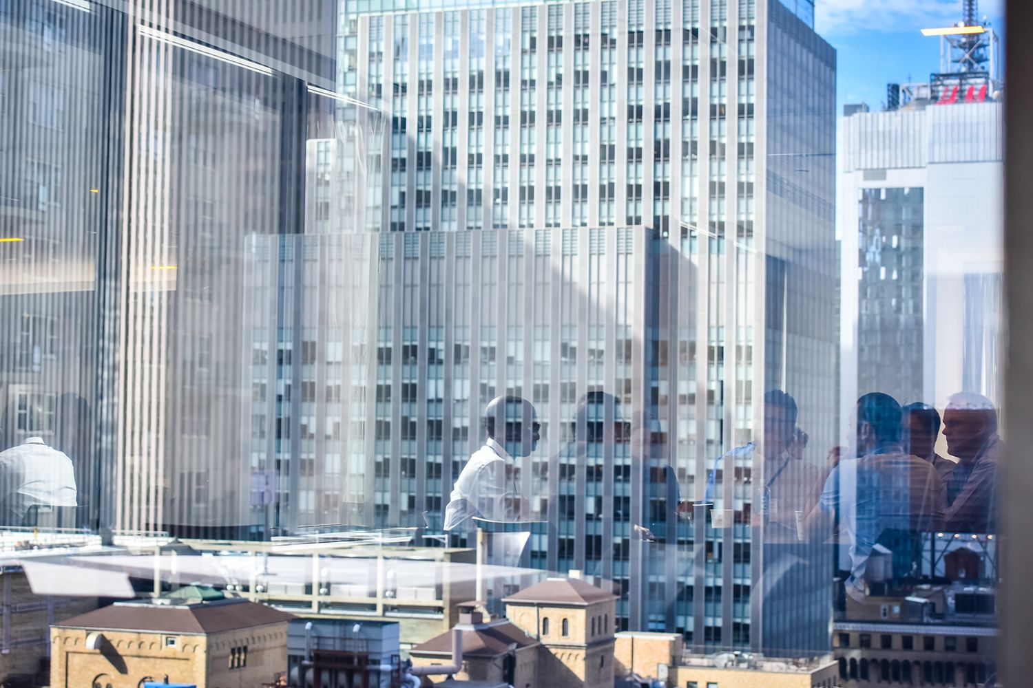 reflection of NYC building and people at conference HIGHER EDUCATION PHOTOGRAPHER, UNIVERSITY PHOTOGRAPHER