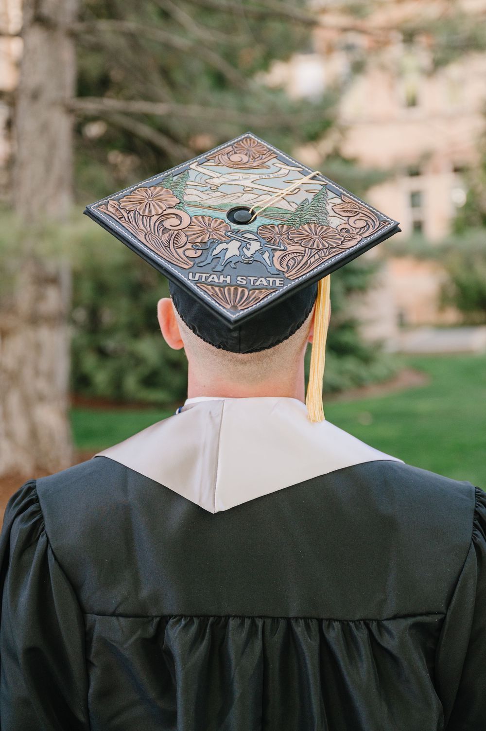 Back view of a graduate wearing black gown and cap decorated with intricate metallic artwork against blurred nature.