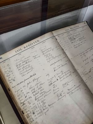 Vintage handwritten jail register book with multiple entries visible.