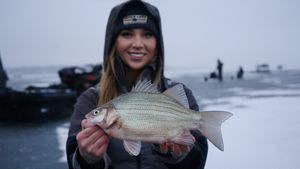 Walleye caught during winter ice fishing expedition on frozen lake.