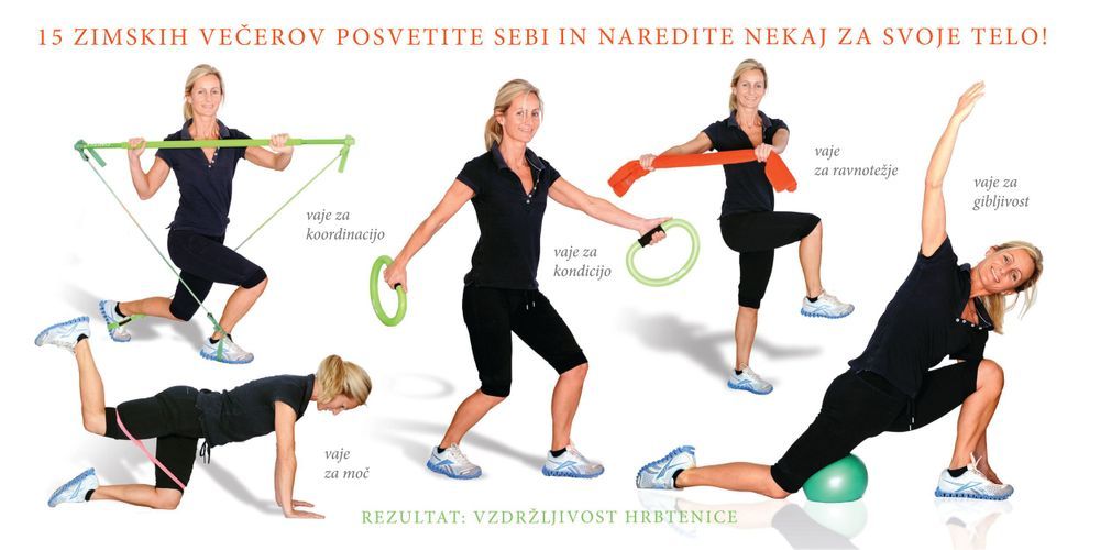Prikaz vaj za hrbtenico z elastiko za koordinacijo, moč, ravnotežje in gibljivost fotostudio Foto  Colarič