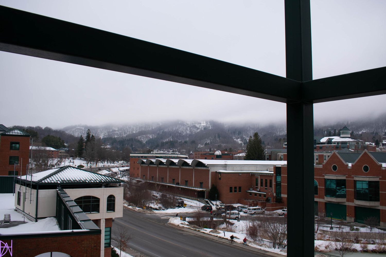 Peaceful winter landscape of Appalachian State and Rivers Street seen from above