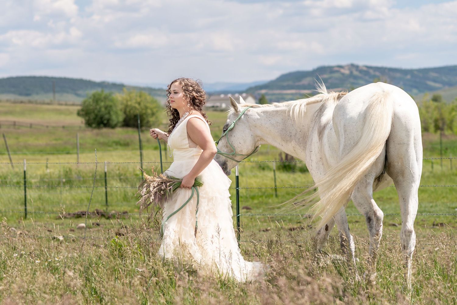 A beautiful bridal portrait with a white horse in a green field. Colorado mountains in the background.