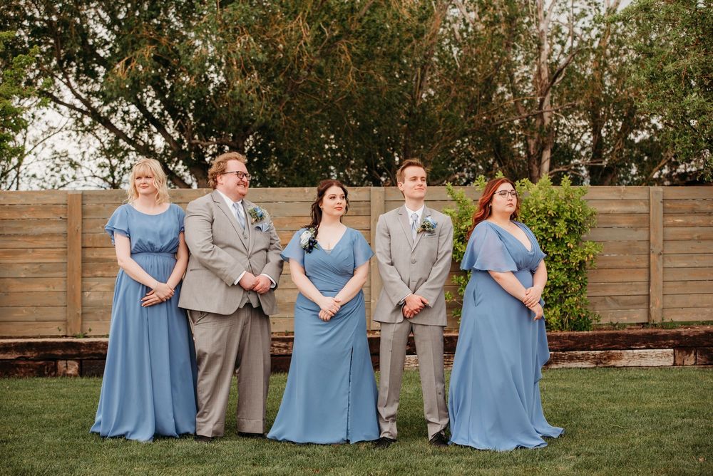 A collage of wedding party photos showing bridesmaids in light blue dresses and groomsmen in grey suits in an outdoor setting.