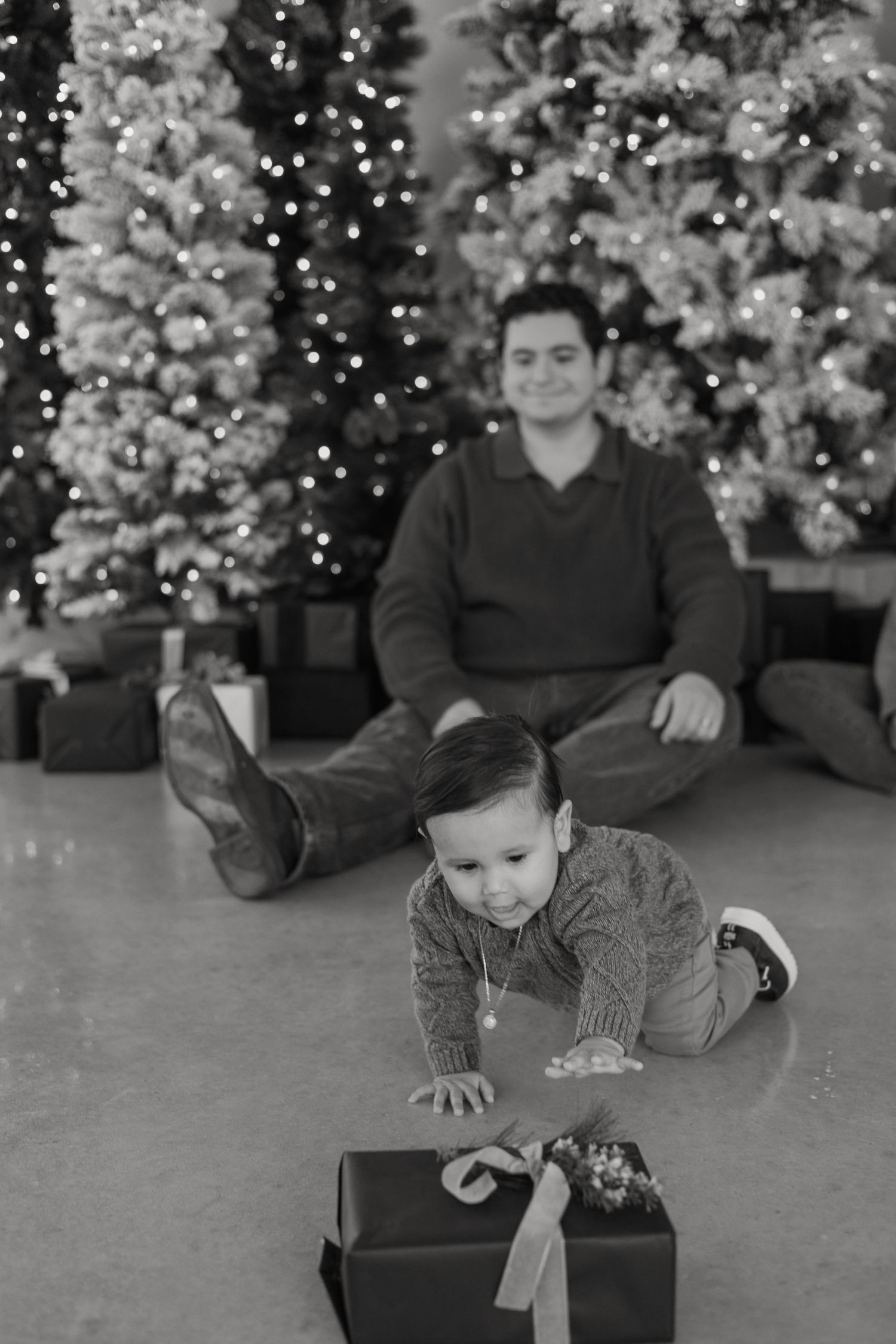 Black and white holiday scene with wrapped present and decorated Christmas trees.