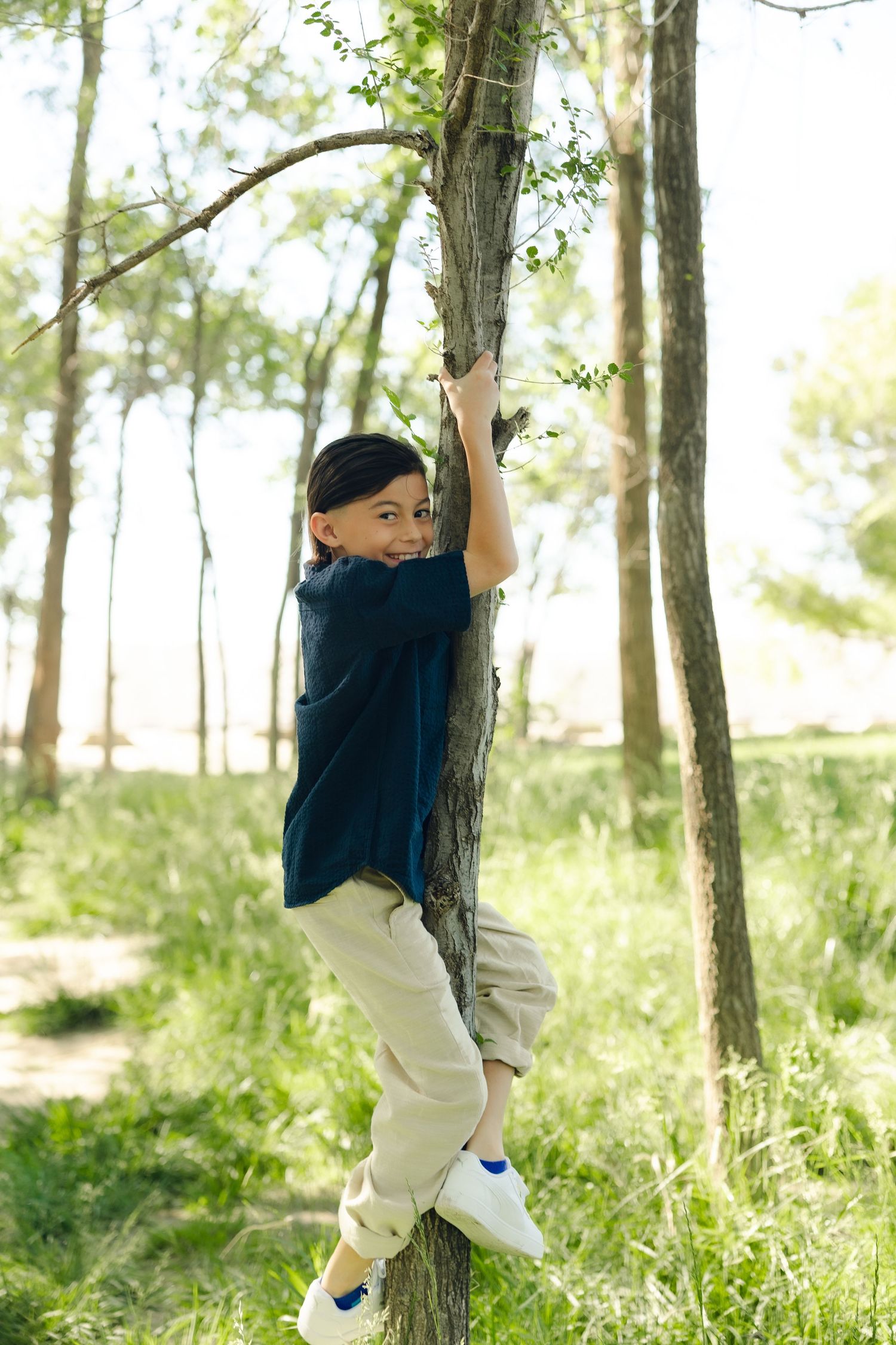 Young child in a black shirt and khaki pants climbing a tree in a sunny forest setting.